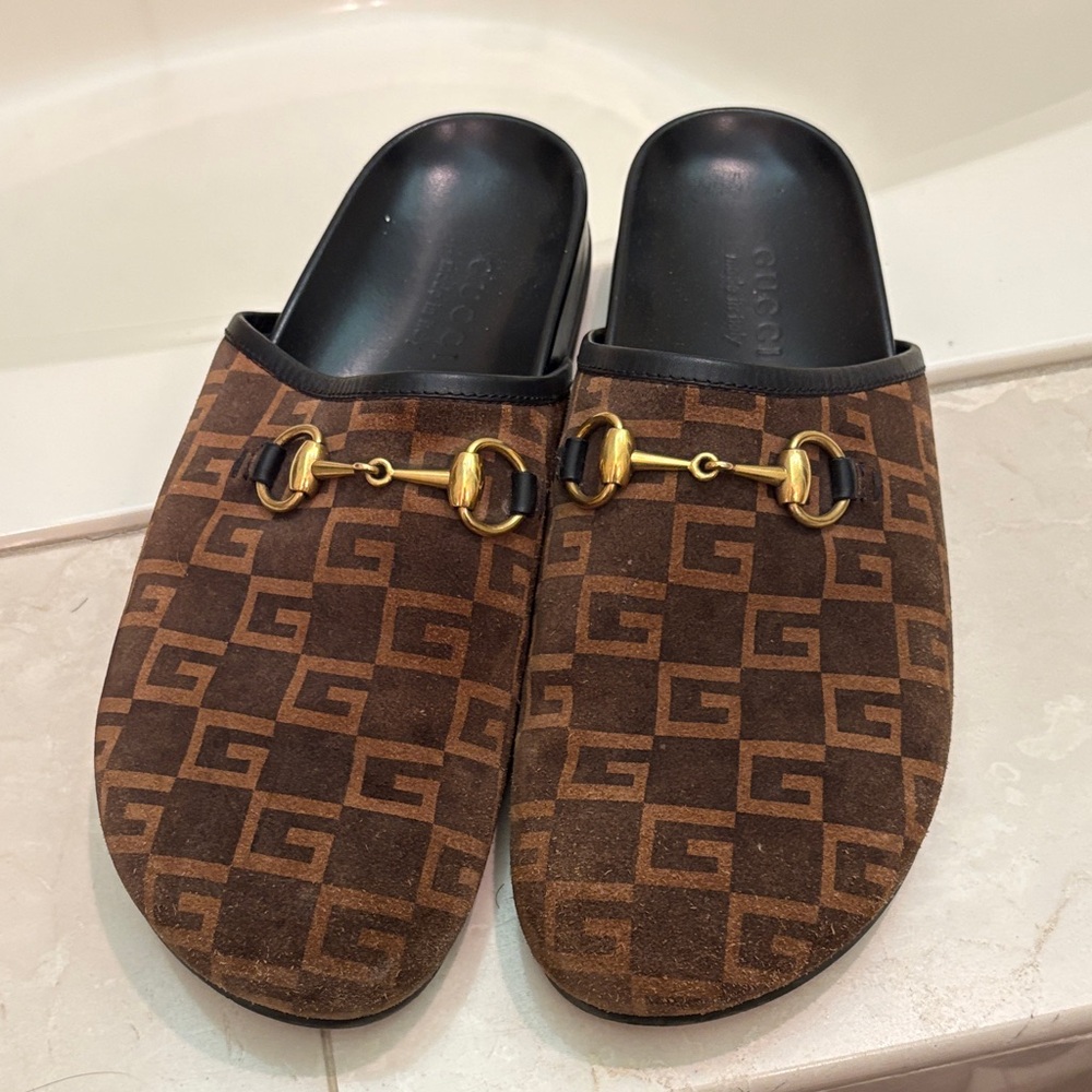 Gucci Brown Suede Slippers with Gold Detailing